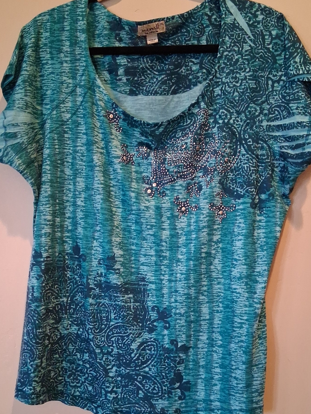 ONE WORLD Teal and Turquoise Short Sleeve Embellished Tee